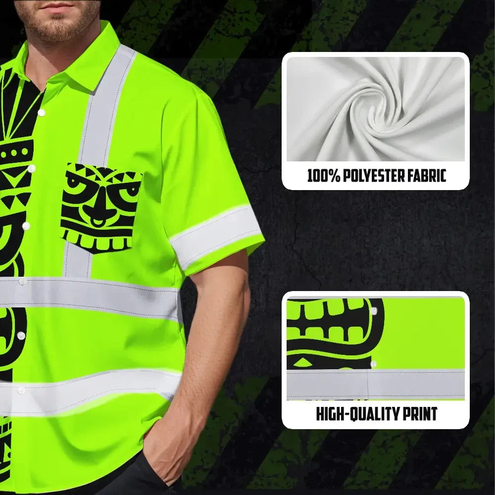 Hi Vis Hawaiian Shirt Reflective Tapes TiKi Hawaiian Polynesian Tribal Custom Name