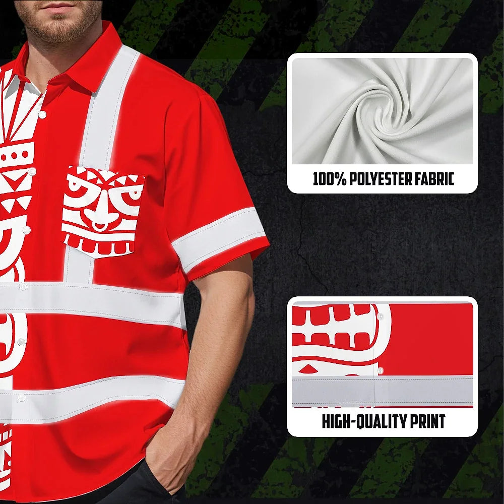 Hi Vis Hawaiian Shirt Reflective Tapes TiKi Hawaiian Red Neon Polynesian Tribal Custom Name Safety Workwear For Workers, Truckers, Operators