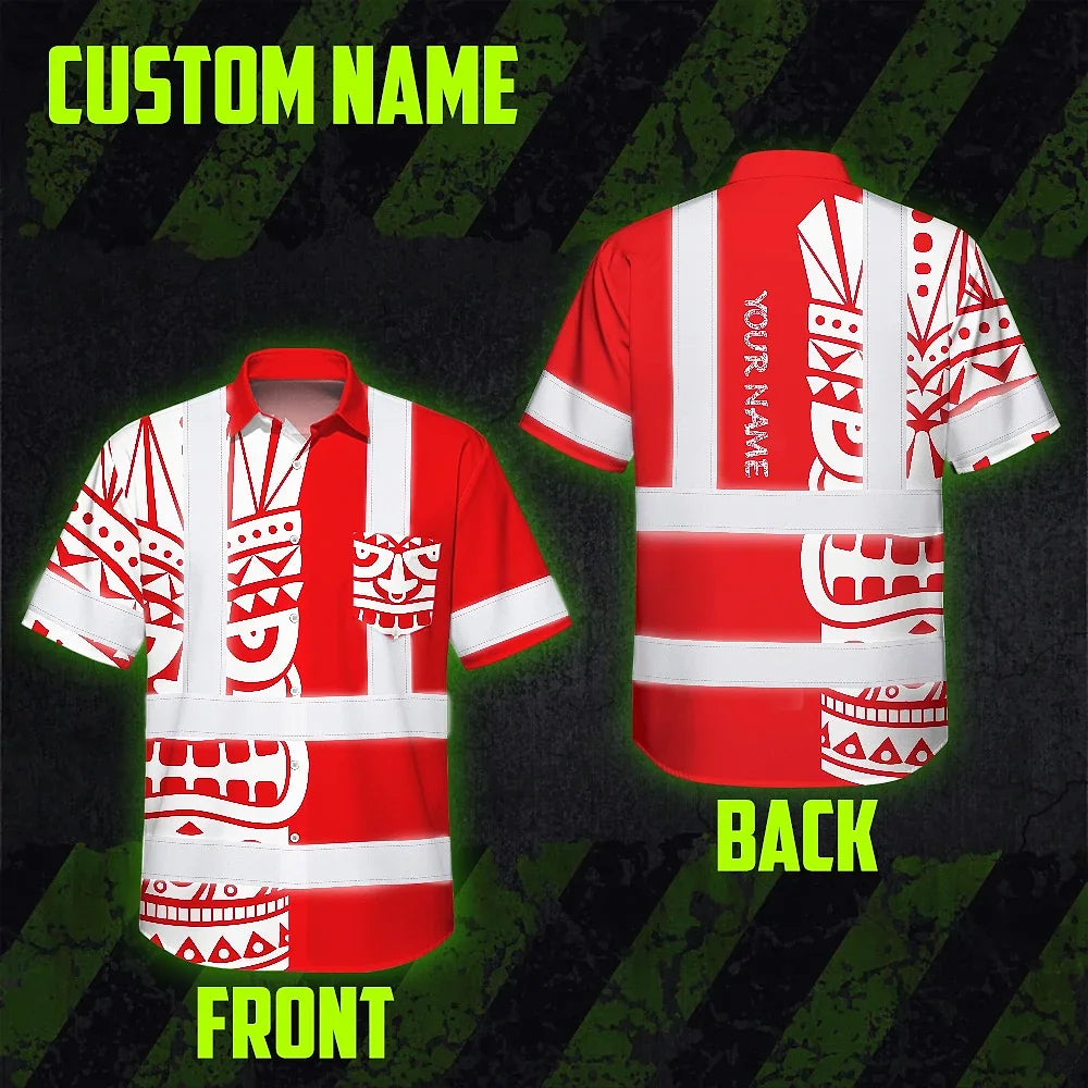 Hi Vis Hawaiian Shirt Reflective Tapes TiKi Hawaiian Red Neon Polynesian Tribal Custom Name Safety Workwear For Workers, Truckers, Operators