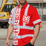 Hi Vis Hawaiian Shirt Reflective Tapes TiKi Hawaiian Red Neon Polynesian Tribal Custom Name Safety Workwear For Workers, Truckers, Operators
