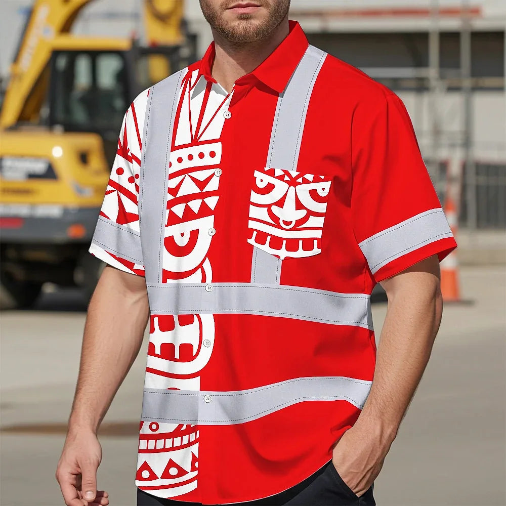 Hi Vis Hawaiian Shirt Reflective Tapes TiKi Hawaiian Red Neon Polynesian Tribal Custom Name Safety Workwear For Workers, Truckers, Operators