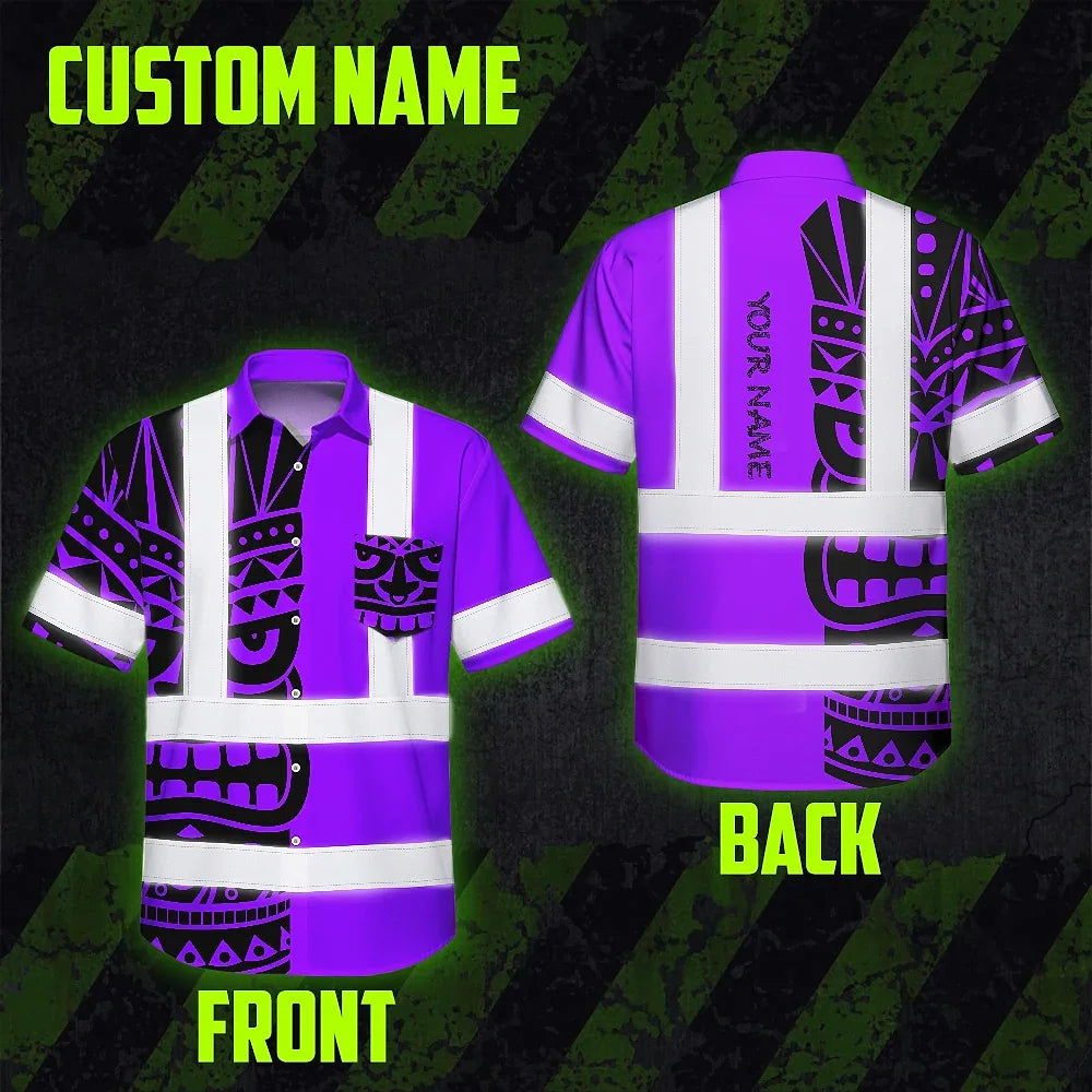 Hi Vis Hawaiian Shirt Reflective Tapes TiKi Hawaiian Violet Neon Polynesian Tribal Custom Name Safety Workwear For Workers, Truckers, Operators