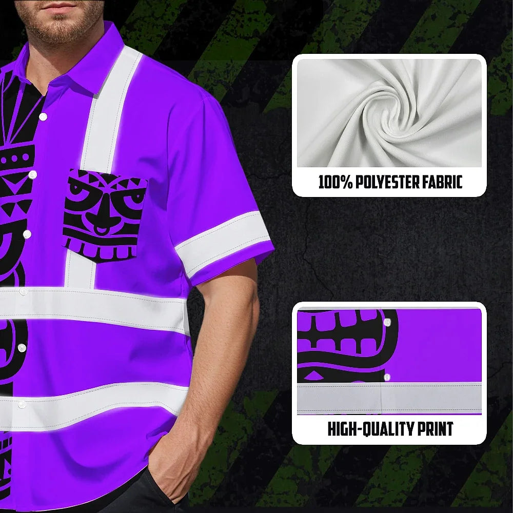 Hi Vis Hawaiian Shirt Reflective Tapes TiKi Hawaiian Violet Neon Polynesian Tribal Custom Name Safety Workwear For Workers, Truckers, Operators