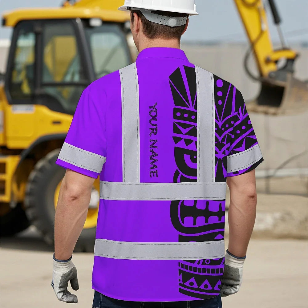 Hi Vis Hawaiian Shirt Reflective Tapes TiKi Hawaiian Violet Neon Polynesian Tribal Custom Name Safety Workwear For Workers, Truckers, Operators