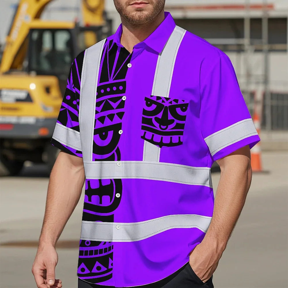 Hi Vis Hawaiian Shirt Reflective Tapes TiKi Hawaiian Violet Neon Polynesian Tribal Custom Name Safety Workwear For Workers, Truckers, Operators