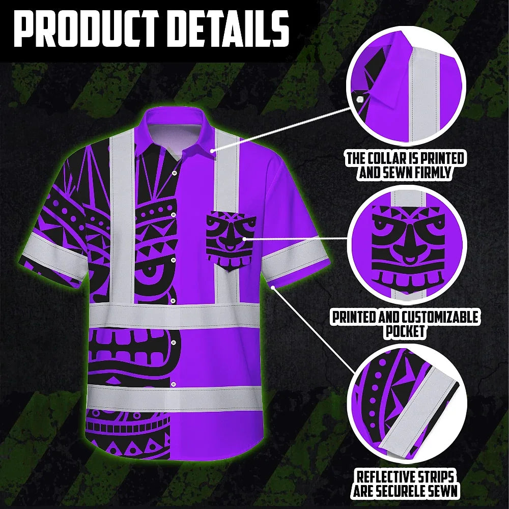 Hi Vis Hawaiian Shirt Reflective Tapes TiKi Hawaiian Violet Neon Polynesian Tribal Custom Name Safety Workwear For Workers, Truckers, Operators