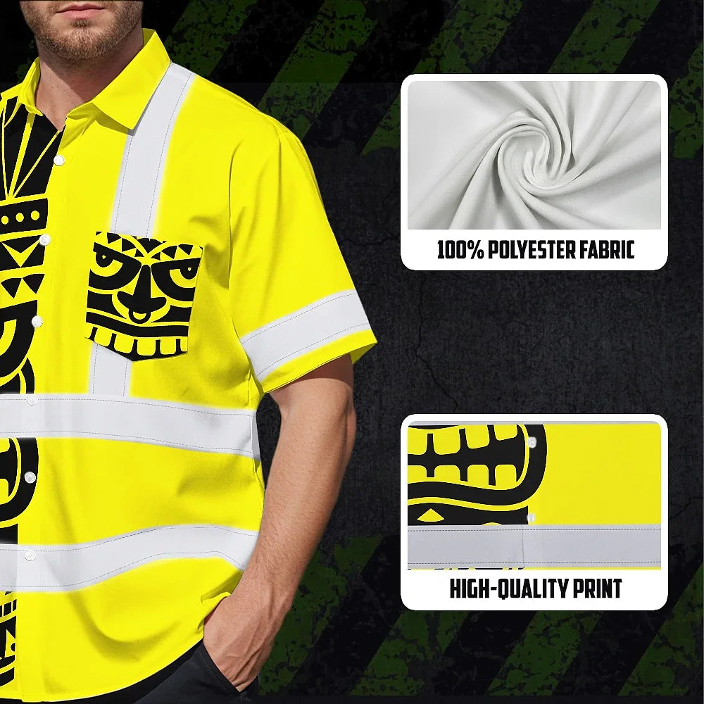 Hi Vis Hawaiian Shirt Reflective Tapes TiKi Hawaiian Yellow Neon Polynesian Tribal Custom Name Safety Workwear For Workers, Truckers, Operators