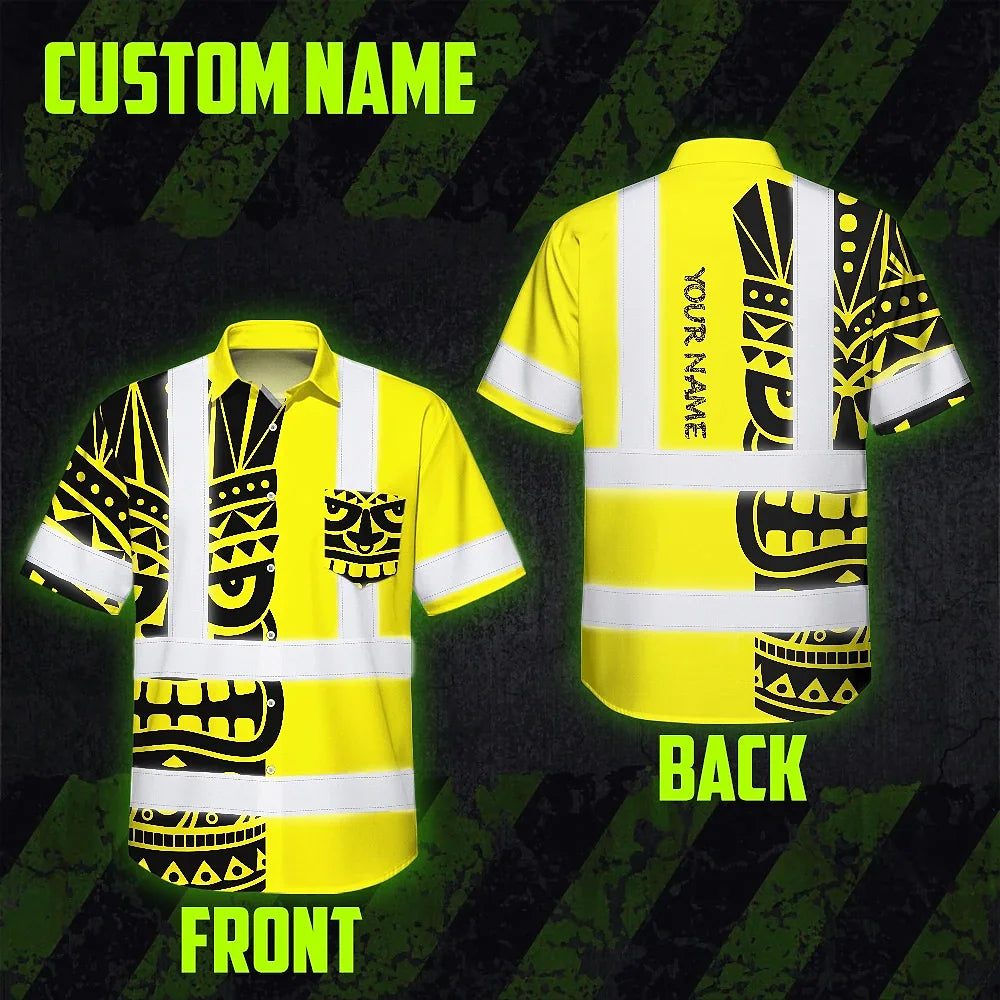 Hi Vis Hawaiian Shirt Reflective Tapes TiKi Hawaiian Yellow Neon Polynesian Tribal Custom Name Safety Workwear For Workers, Truckers, Operators