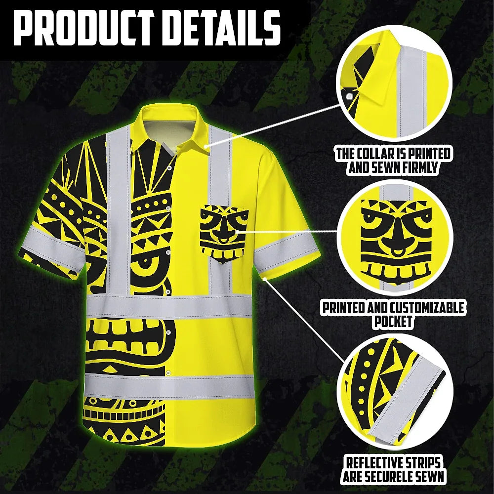 Hi Vis Hawaiian Shirt Reflective Tapes TiKi Hawaiian Yellow Neon Polynesian Tribal Custom Name Safety Workwear For Workers, Truckers, Operators