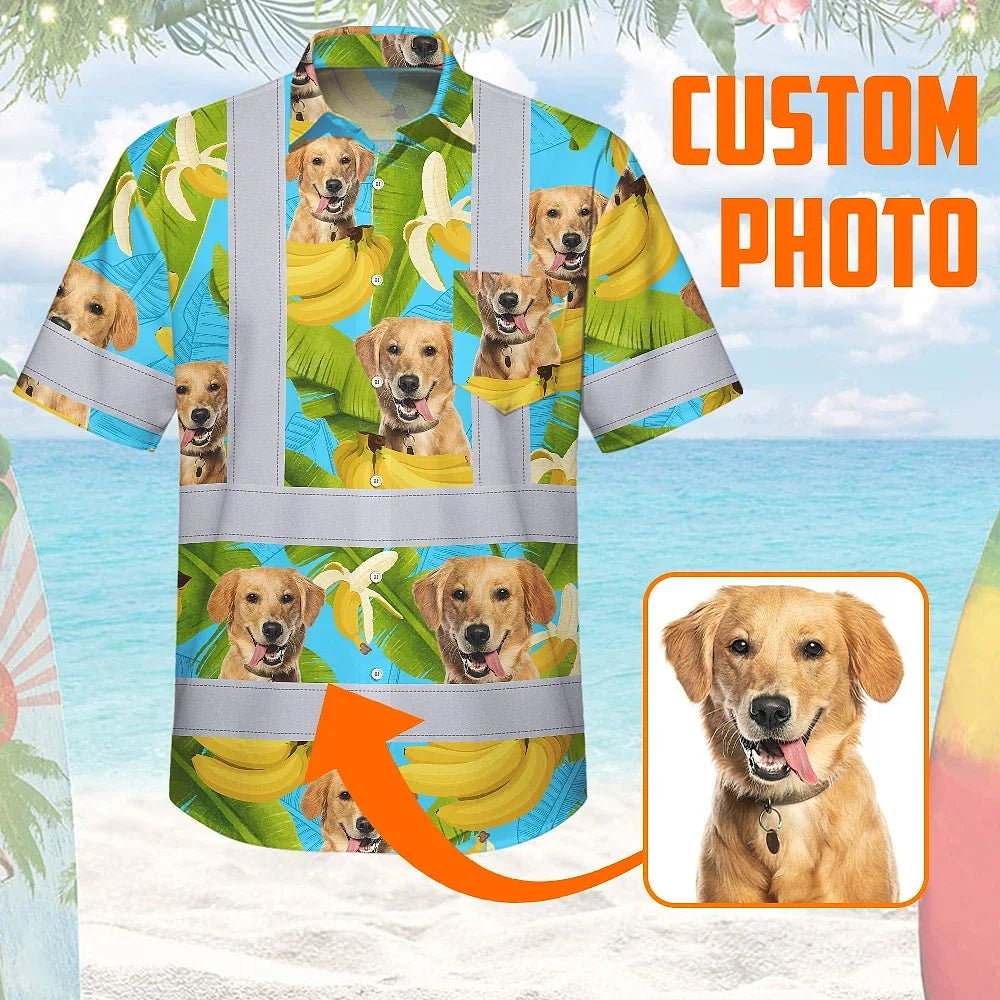 Hi Vis Hawaiian Shirt Reflective Tapes Tropical Banana Custom Name And Pet Image Safety Workwear For Workers, Truckers, Operators