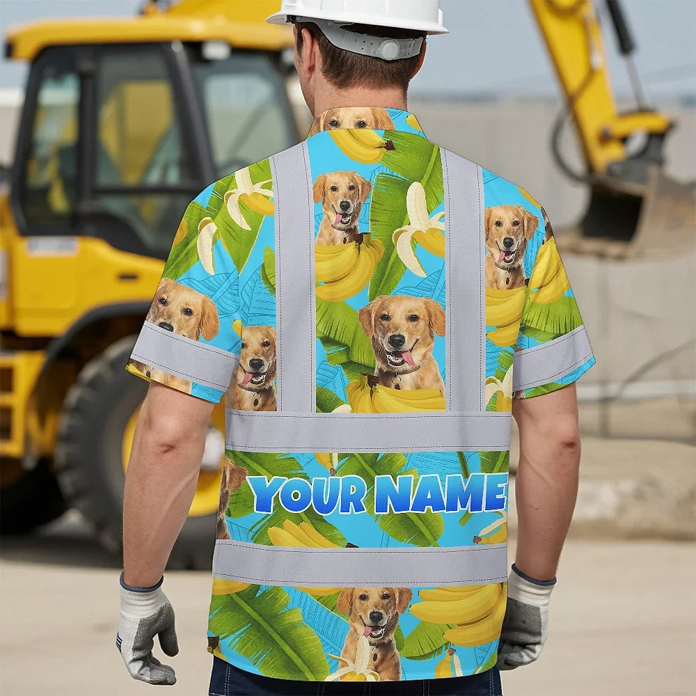 Hi Vis Hawaiian Shirt Reflective Tapes Tropical Banana Custom Name And Pet Image Safety Workwear For Workers, Truckers, Operators