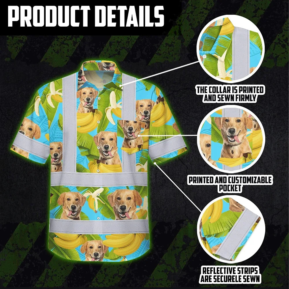 Hi Vis Hawaiian Shirt Reflective Tapes Tropical Banana Custom Name And Pet Image Safety Workwear For Workers, Truckers, Operators