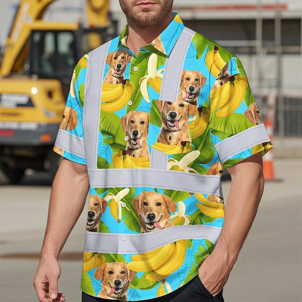 Hi Vis Hawaiian Shirt Reflective Tapes Tropical Banana Custom Name And Pet Image Safety Workwear For Workers, Truckers, Operators