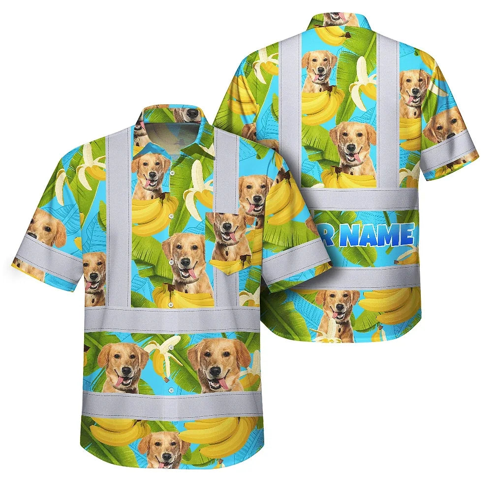 Hi Vis Hawaiian Shirt Reflective Tapes Tropical Banana Custom Name And Pet Image Safety Workwear For Workers, Truckers, Operators
