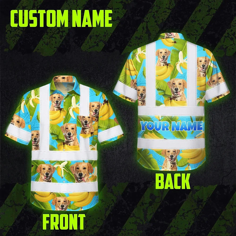Hi Vis Hawaiian Shirt Reflective Tapes Tropical Banana Custom Name And Pet Image Safety Workwear For Workers, Truckers, Operators