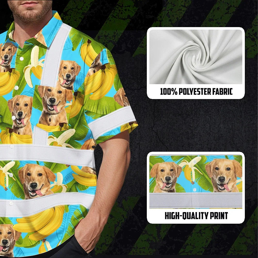 Hi Vis Hawaiian Shirt Reflective Tapes Tropical Banana Custom Name And Pet Image Safety Workwear For Workers, Truckers, Operators