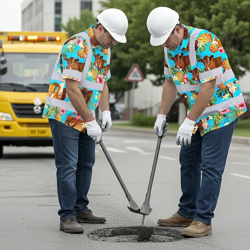Hi Vis Hawaiian Shirt Reflective Tapes Tropical Flowers Cow Custom Name Safety Workwear For Workers, Truckers, Operators