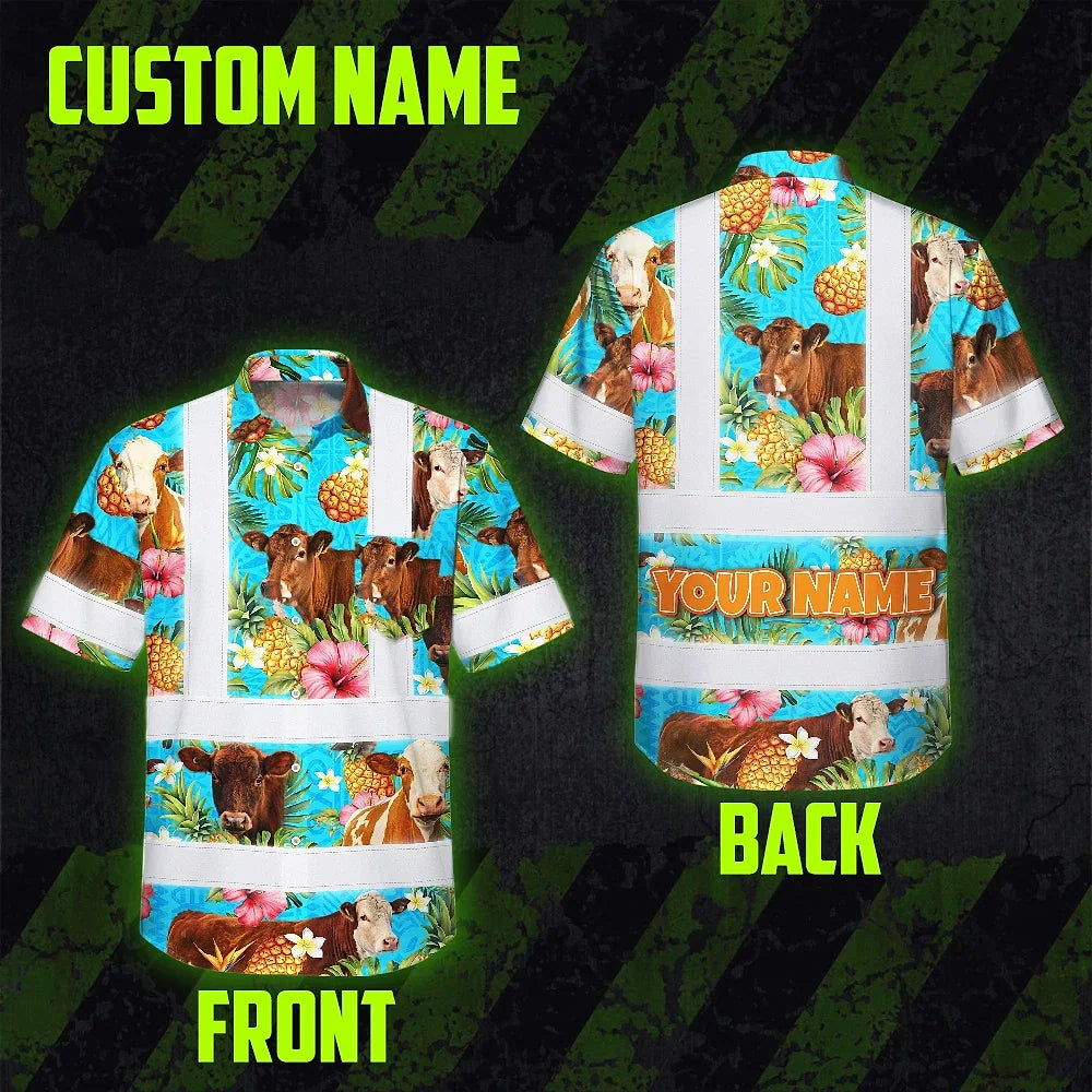 Hi Vis Hawaiian Shirt Reflective Tapes Tropical Flowers Cow Custom Name Safety Workwear For Workers, Truckers, Operators