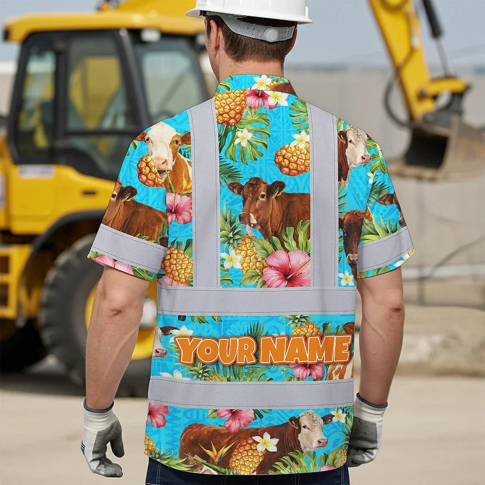 Hi Vis Hawaiian Shirt Reflective Tapes Tropical Flowers Cow Custom Name Safety Workwear For Workers, Truckers, Operators