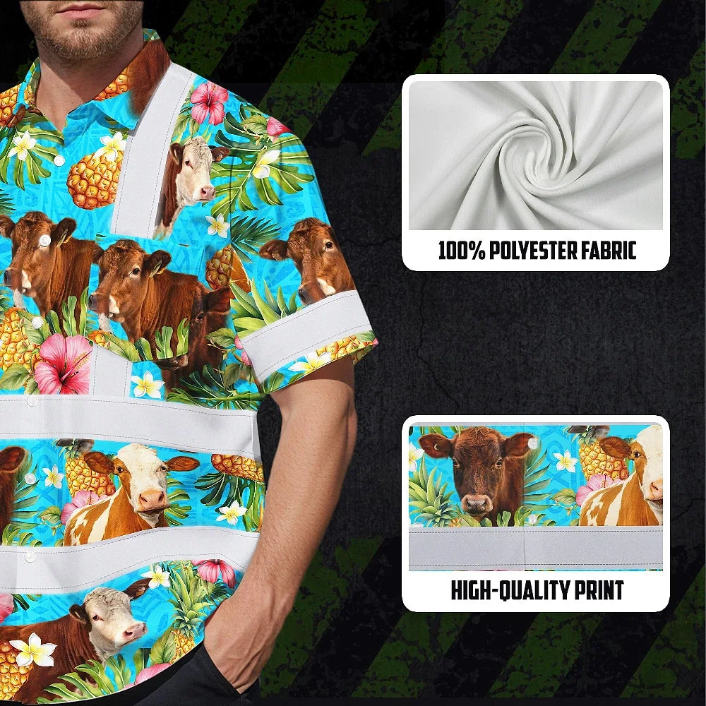 Hi Vis Hawaiian Shirt Reflective Tapes Tropical Flowers Cow Custom Name Safety Workwear For Workers, Truckers, Operators