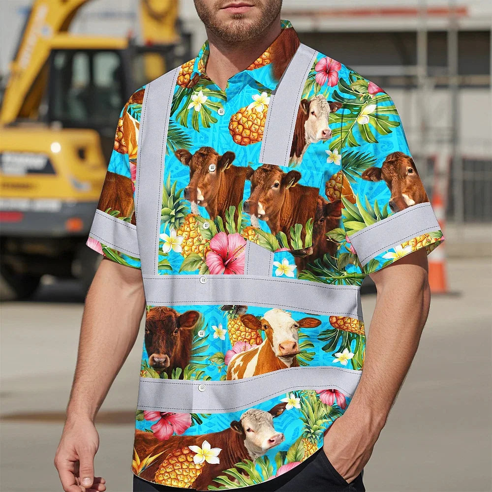 Hi Vis Hawaiian Shirt Reflective Tapes Tropical Flowers Cow Custom Name Safety Workwear For Workers, Truckers, Operators