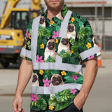 Hi Vis Hawaiian Shirt Reflective Tapes Tropical Pink Flowers Custom Name And Pet Image Safety Workwear For Workers, Truckers, Operators