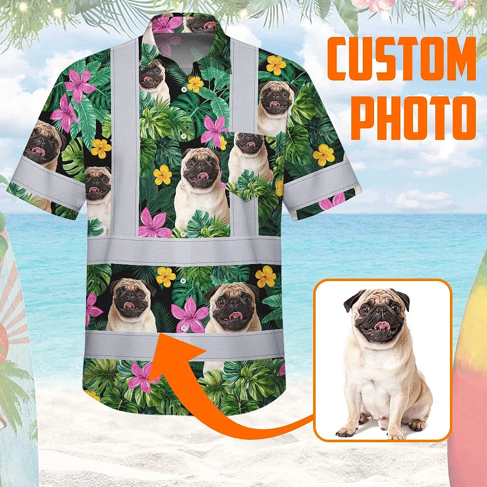 Hi Vis Hawaiian Shirt Reflective Tapes Tropical Pink Flowers Custom Name And Pet Image Safety Workwear For Workers, Truckers, Operators