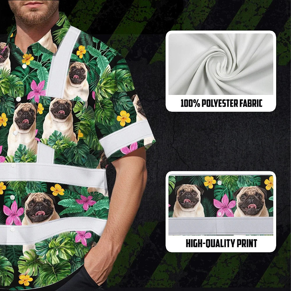Hi Vis Hawaiian Shirt Reflective Tapes Tropical Pink Flowers Custom Name And Pet Image Safety Workwear For Workers, Truckers, Operators