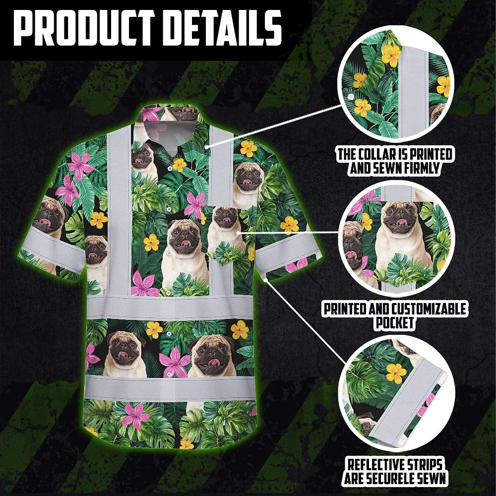 Hi Vis Hawaiian Shirt Reflective Tapes Tropical Pink Flowers Custom Name And Pet Image Safety Workwear For Workers, Truckers, Operators