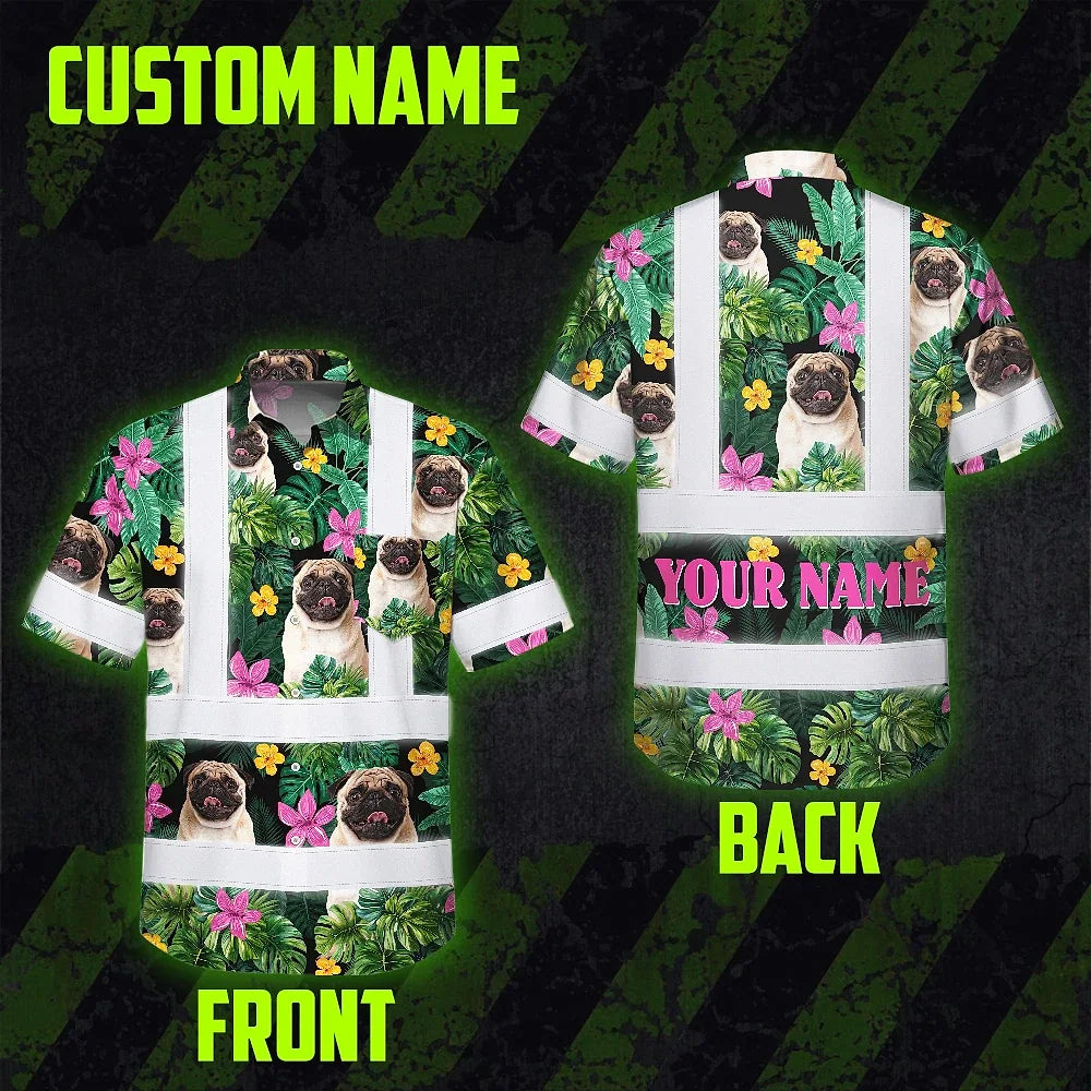 Hi Vis Hawaiian Shirt Reflective Tapes Tropical Pink Flowers Custom Name And Pet Image Safety Workwear For Workers, Truckers, Operators