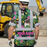 Hi Vis Hawaiian Shirt Reflective Tapes Tropical Pink Flowers Custom Name And Pet Image Safety Workwear For Workers, Truckers, Operators