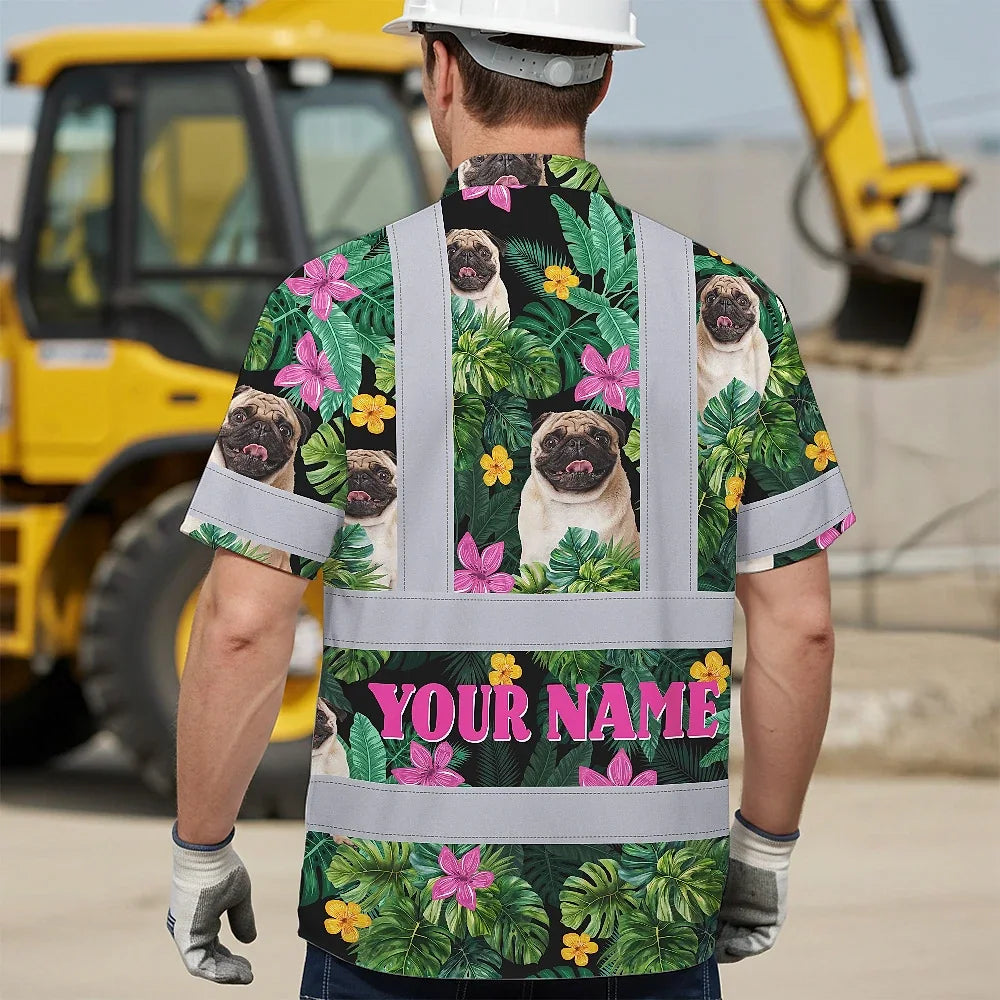 Hi Vis Hawaiian Shirt Reflective Tapes Tropical Pink Flowers Custom Name And Pet Image Safety Workwear For Workers, Truckers, Operators