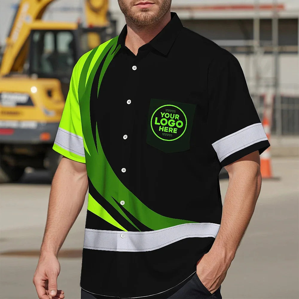 Hi Vis Hawaiian Shirt Reflective Tapes Uniform 2 Green Neon Black Curved Custom