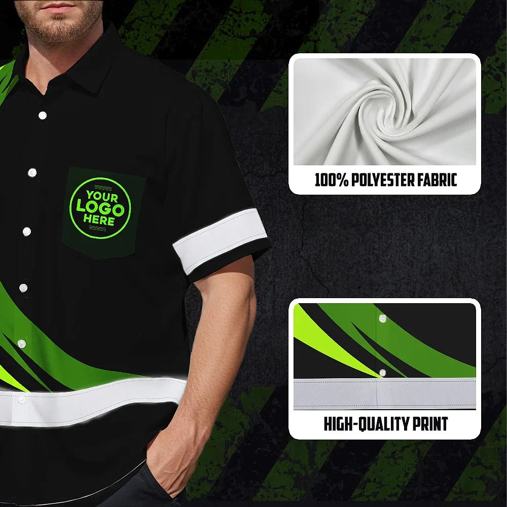 Hi Vis Hawaiian Shirt Reflective Tapes Uniform 2 Green Neon Black Curved Custom