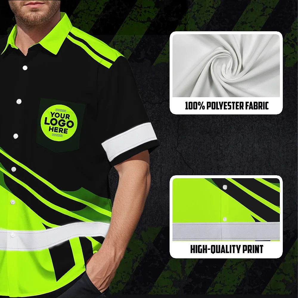 Hi Vis Hawaiian Shirt Reflective Tapes Uniform Green Neon 2 Custom Logo And Name