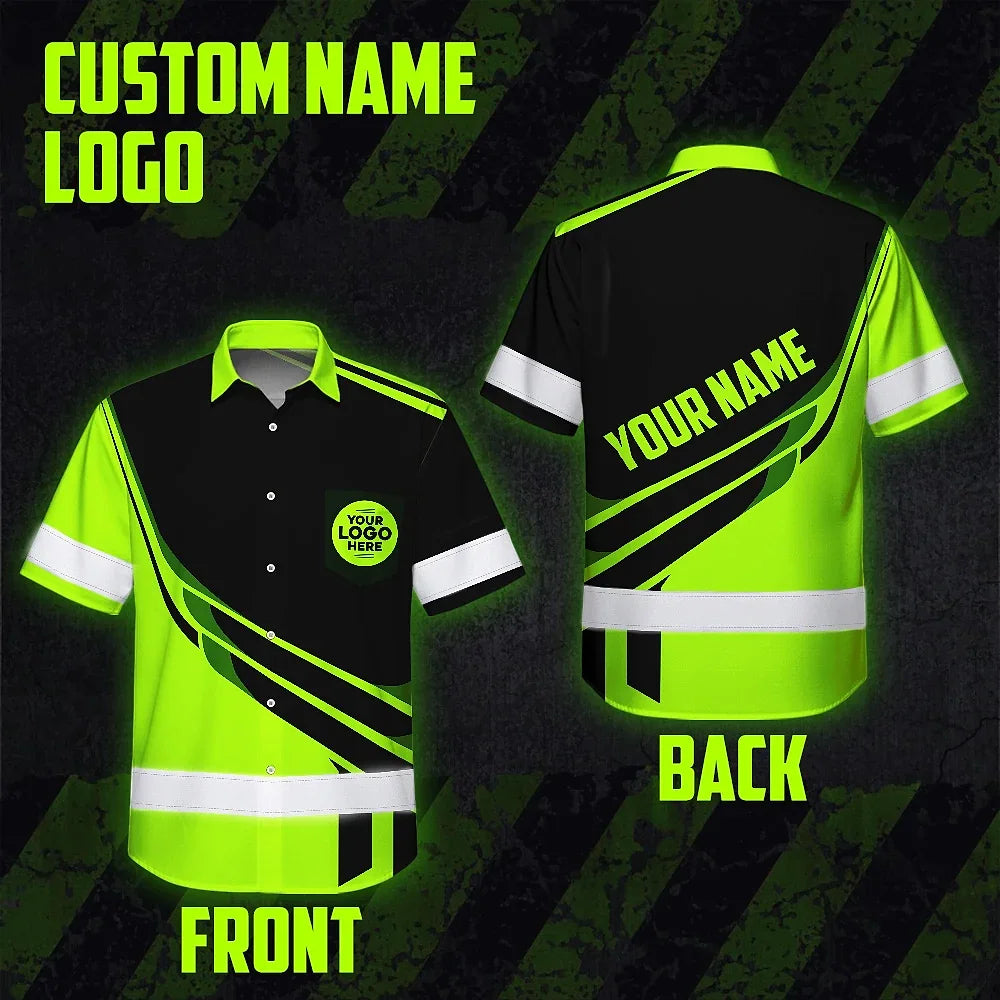 Hi Vis Hawaiian Shirt Reflective Tapes Uniform Green Neon 2 Custom Logo And Name