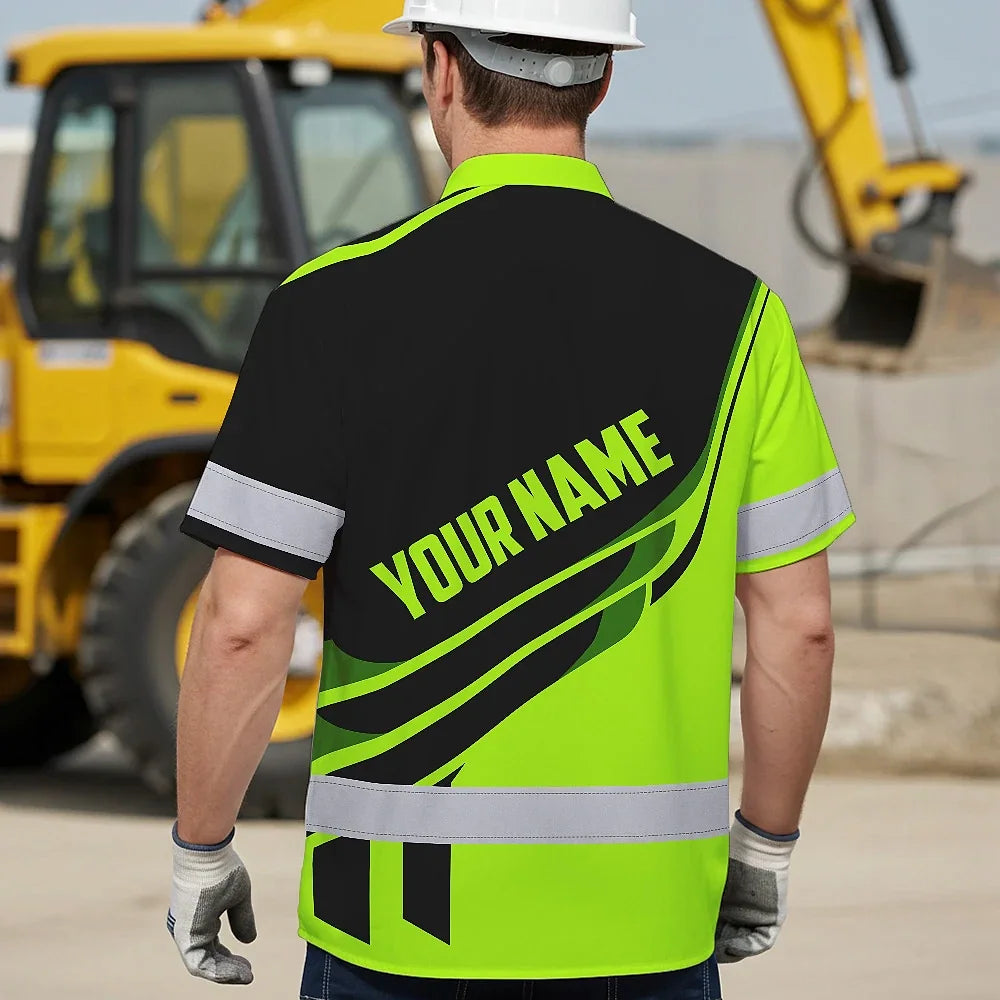 Hi Vis Hawaiian Shirt Reflective Tapes Uniform Green Neon 2 Custom Logo And Name