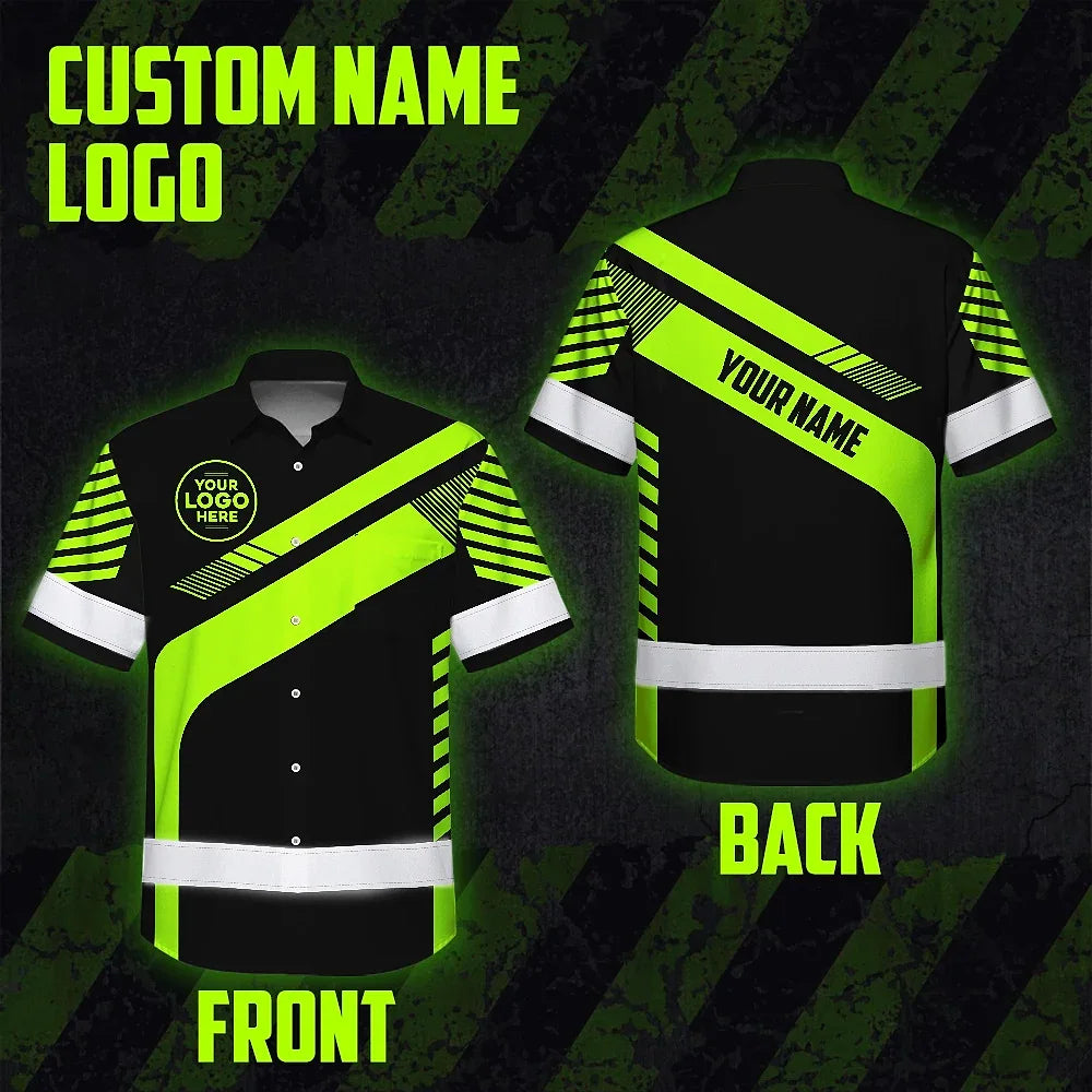 Hi Vis Hawaiian Shirt Reflective Tapes Uniform Green Neon Black 2 Custom Name And Logo