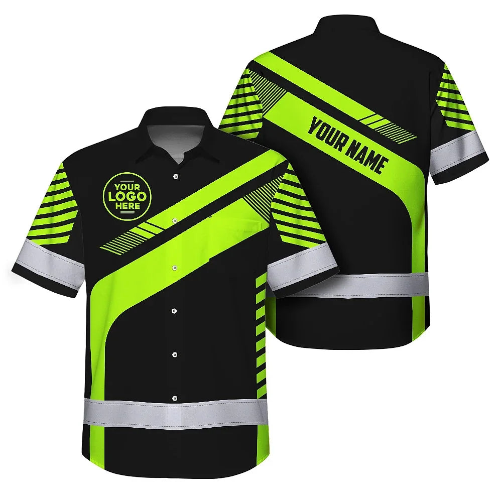 Hi Vis Hawaiian Shirt Reflective Tapes Uniform Green Neon Black 2 Custom Name And Logo