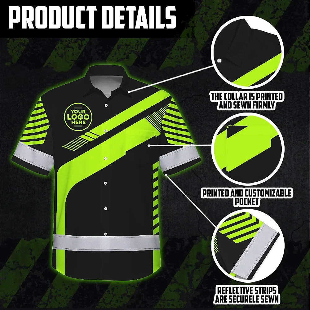 Hi Vis Hawaiian Shirt Reflective Tapes Uniform Green Neon Black 2 Custom Name And Logo