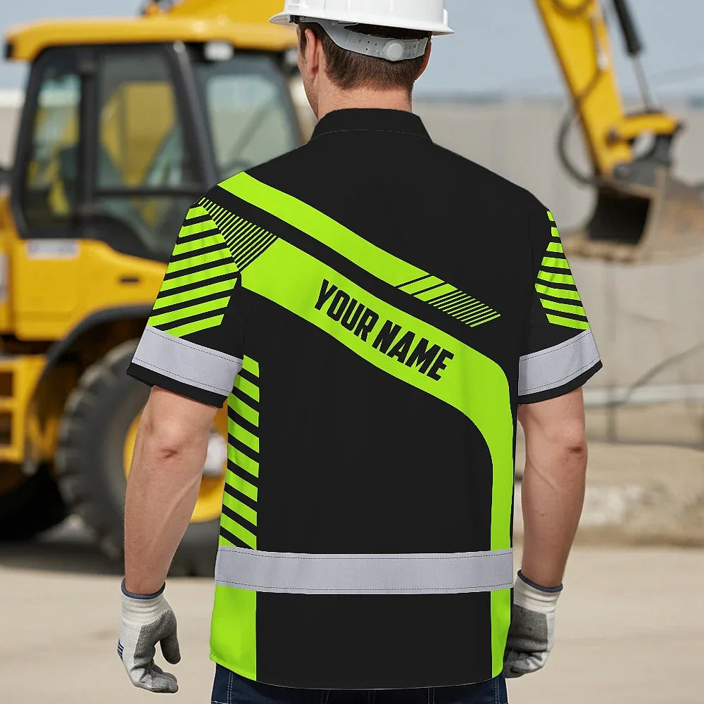 Hi Vis Hawaiian Shirt Reflective Tapes Uniform Green Neon Black 2 Custom Name And Logo