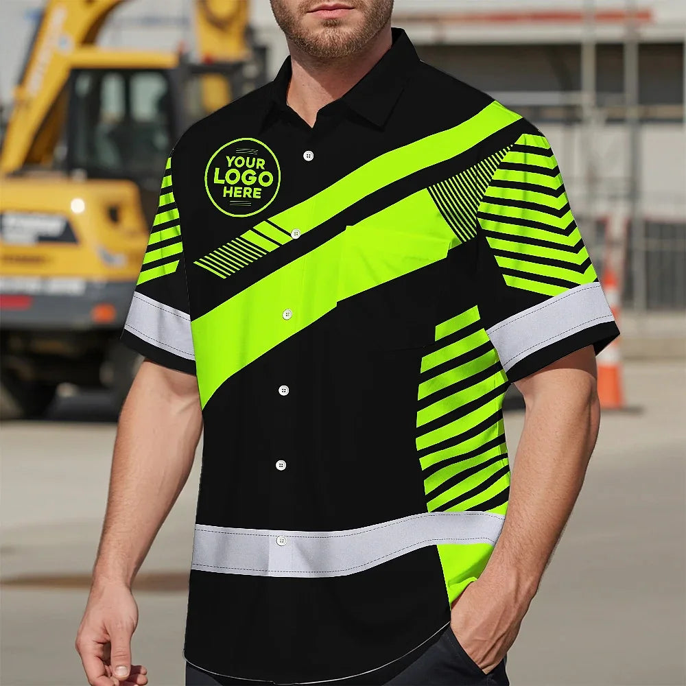 Hi Vis Hawaiian Shirt Reflective Tapes Uniform Green Neon Black 2 Custom Name And Logo