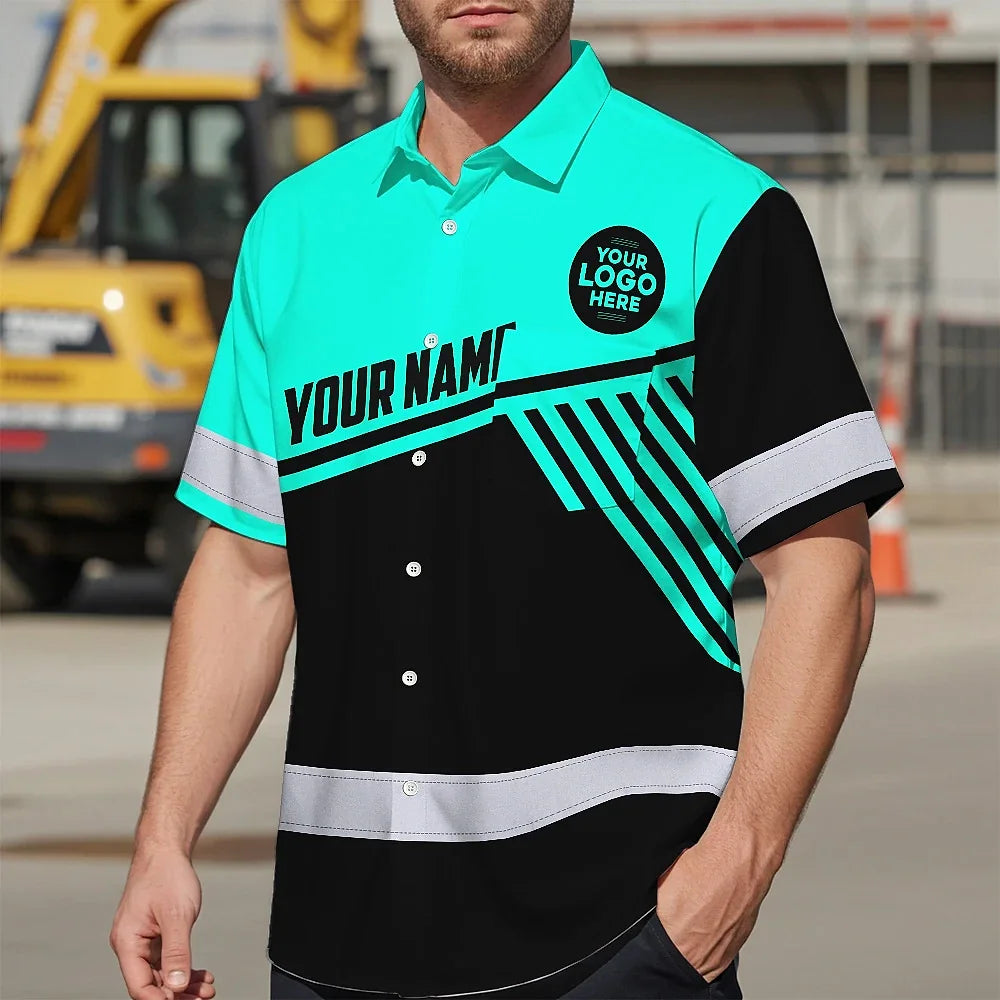 Hi Vis Hawaiian Shirt Reflective Tapes Uniform Mint Neon Custom Logo And Name