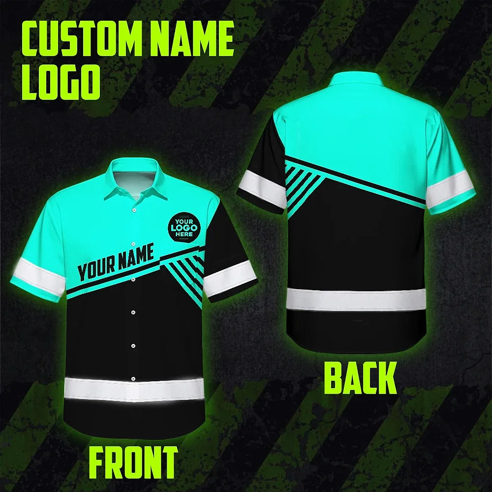 Hi Vis Hawaiian Shirt Reflective Tapes Uniform Mint Neon Custom Logo And Name