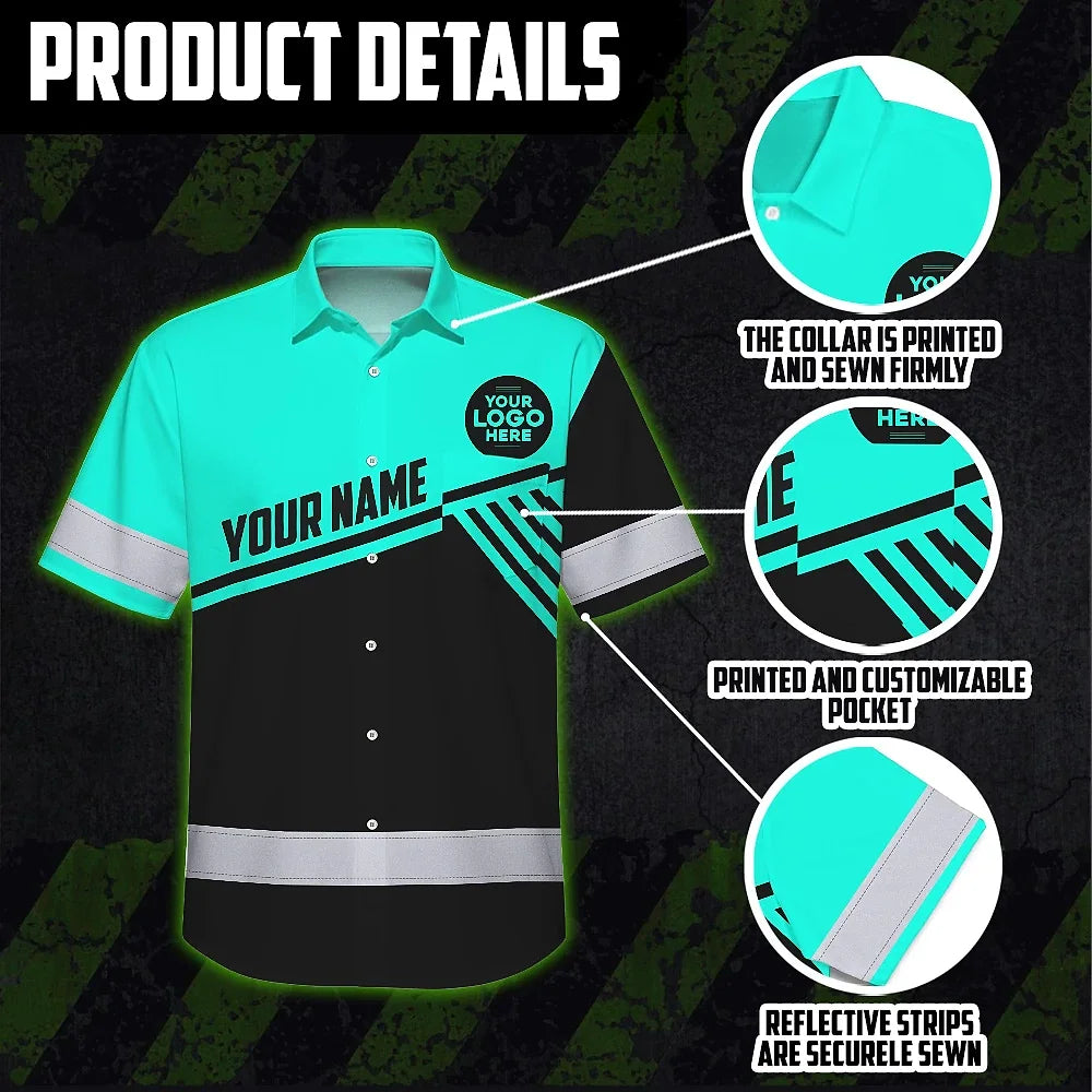 Hi Vis Hawaiian Shirt Reflective Tapes Uniform Mint Neon Custom Logo And Name