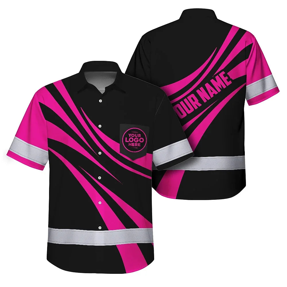 Hi Vis Hawaiian Shirt Reflective Tapes Uniform Pink Neon Black Custom Name And Logo