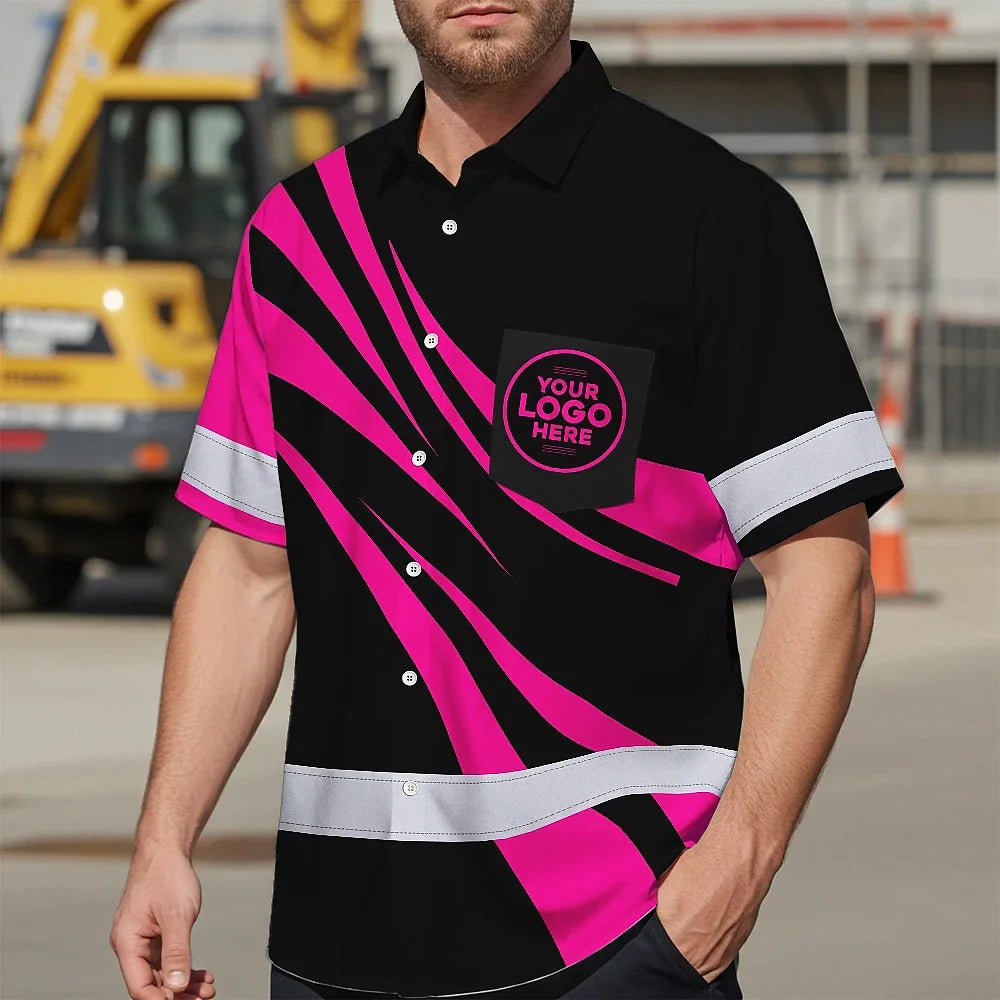Hi Vis Hawaiian Shirt Reflective Tapes Uniform Pink Neon Black Custom Name And Logo