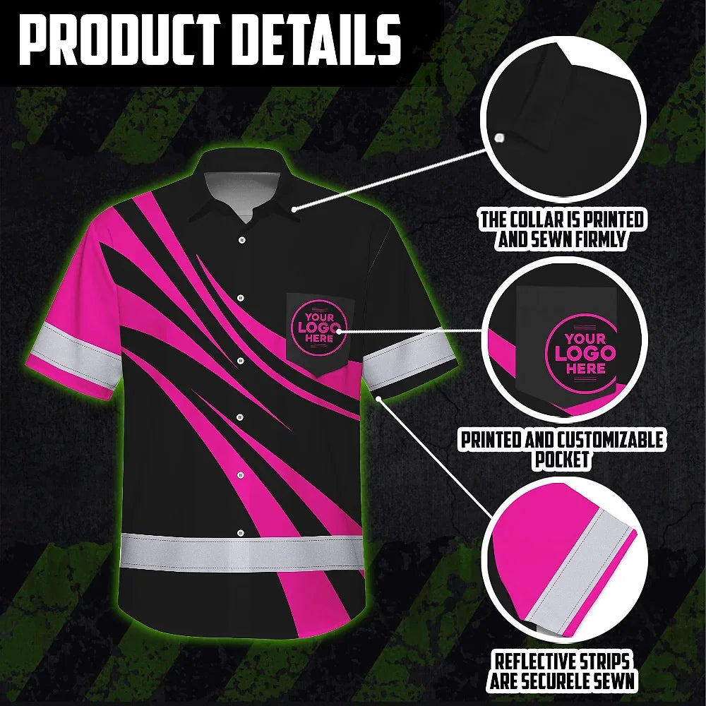 Hi Vis Hawaiian Shirt Reflective Tapes Uniform Pink Neon Black Custom Name And Logo