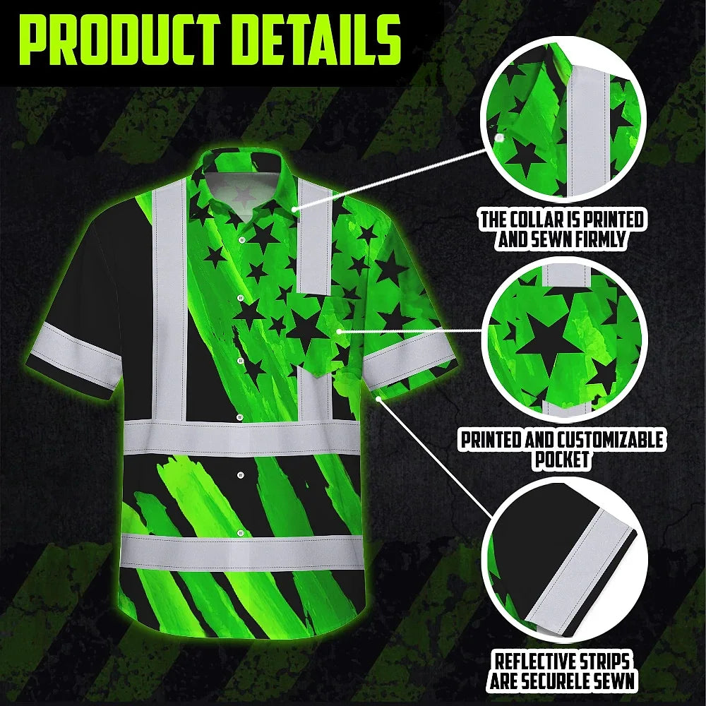 Hi Vis Hawaiian Shirt Reflective Tapes US Flag Black Green Custom Name Safety Workwear For Workers, Truckers, Operators, Independence