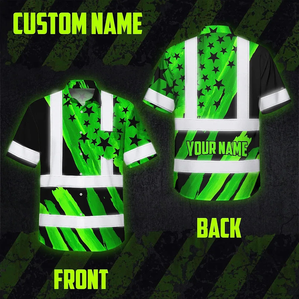 Hi Vis Hawaiian Shirt Reflective Tapes US Flag Black Green Custom Name Safety Workwear For Workers, Truckers, Operators, Independence